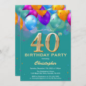 40歳の誕生日ティール（緑がかった色）と金ゴールド吹きカラフル出し 招待状 (正面/裏面)