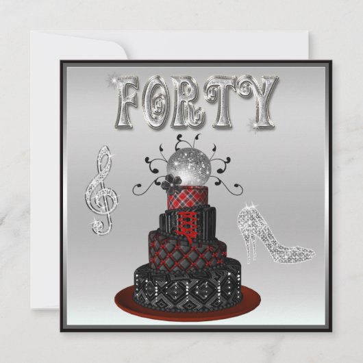 40歳の誕生日ディスコ・ディーバ・ケーキ　シルバー・スパークル・ヒール 招待状 (正面)