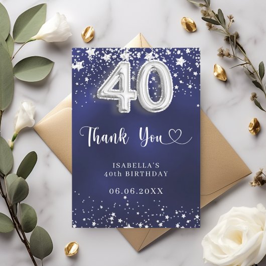 40歳の誕生日ネイビーブルーシルバーの星 サンキューカード