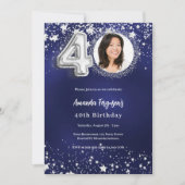 40歳の誕生日ネイビーブルーシルバースターズ写真ラグジュアリー 招待状 (正面)
