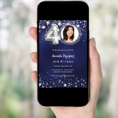 40歳の誕生日ネイビーブルーシルバースターズ写真ラグジュアリー 招待状