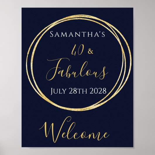 40歳の誕生日ネイビー金ゴールド誕生日パーティーへようこそ ポスター (正面)