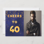 40歳の誕生日ネイビー青い金ゴールド応援写真男 招待状 (正面)