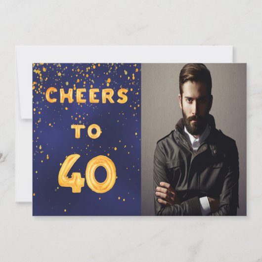 40歳の誕生日ネイビー青い金ゴールド応援写真男 招待状 (正面)
