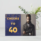 40歳の誕生日ネイビー青い金ゴールド応援写真男 招待状 (スタンド正面)