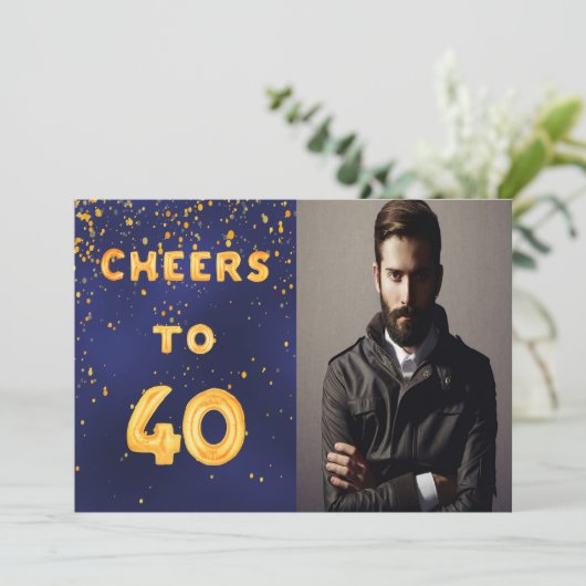 40歳の誕生日ネイビー青い金ゴールド応援写真男 招待状 (スタンド正面)