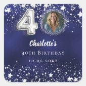 40歳の誕生日ネイビー・ブルー・シルバー・スターズの写真 スクエアシール (正面)