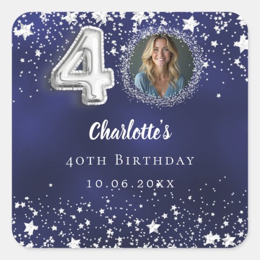 40歳の誕生日ネイビー・ブルー・シルバー・スターズの写真 スクエアシール (正面)