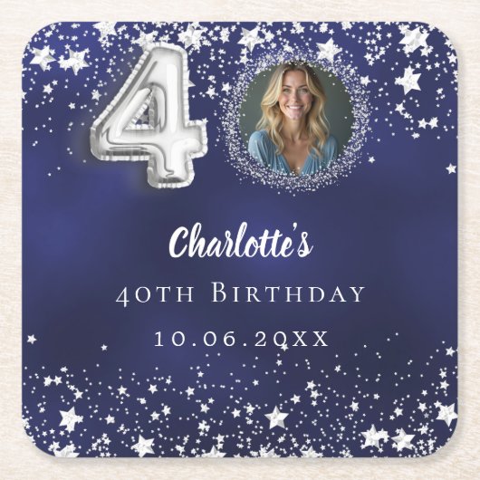 40歳の誕生日ネイビー・ブルー・シルバー・スターズの写真 スクエアペーパーコースター (正面)