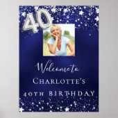 40歳の誕生日ネイビー・ブルー・シルバー・スターズ写真歓迎 ポスター (正面)