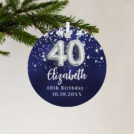 40歳の誕生日ネイビー・ブルー・シルバー・スターズ メタルオーナメント