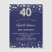40歳の誕生日ネイビー・ブルー・シルバー・スターズ・ラグジュアリー マグネット招待状 (正面)