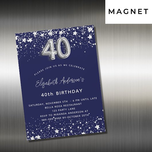 40歳の誕生日ネイビー・ブルー・シルバー・スターズ・ラグジュアリー マグネット招待状