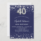 40歳の誕生日ネイビー・ブルー・シルバー・スターズ・ラグジュアリー 招待状 (正面)