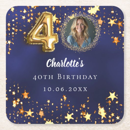 40歳の誕生日ネイビー・ブルー・金ゴールド・スターズ写真 スクエアペーパーコースター (正面)