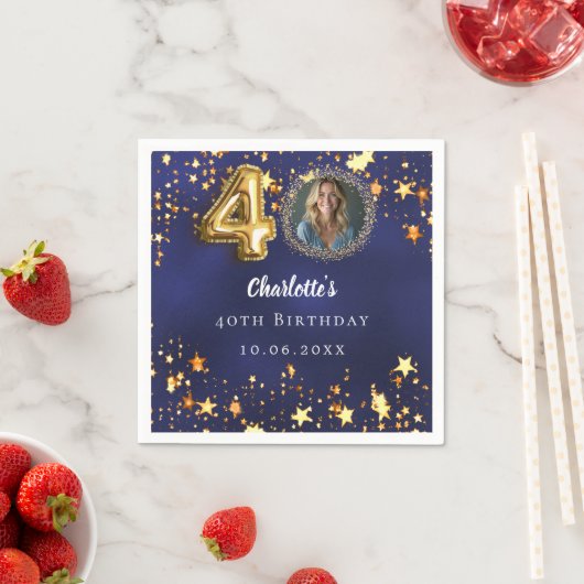 40歳の誕生日ネイビー・ブルー・金ゴールド・スターズ写真 スタンダードカクテルナプキン (インサイチュ)