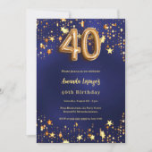 40歳の誕生日ネイビー・ブルー・金ゴールド・スター 招待状 (正面)