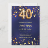40歳の誕生日ネイビー・ブルー・金ゴールド・スター 招待状 (正面)