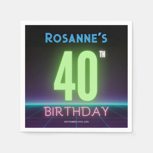 40歳の誕生日ネオンおもしろいサイン80年代レトロカスタム スタンダードカクテルナプキン (正面)