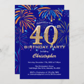 40歳の誕生日ネービーブルー&金ゴールド花火 招待状 (正面/裏面)