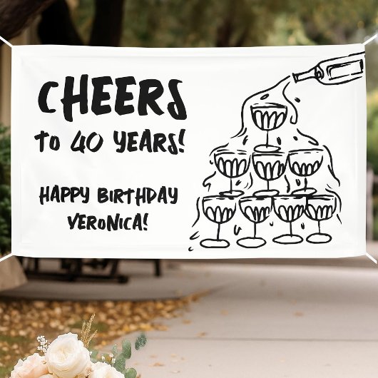 40歳の誕生日ハンドドローシャンパンビニールバナー 横断幕