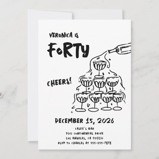 40歳の誕生日ハンドドローシャンパン招待状 招待状 (正面)