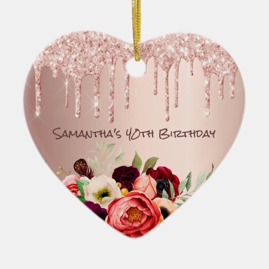 40歳の誕生日バラ金ゴールドはピンクの花を滴らせる セラミックオーナメント (正面)