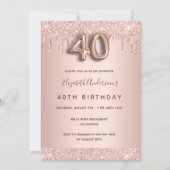 40歳の誕生日バラ金ゴールドグリッターはピンクのガラスを乾燥 招待状 (正面)