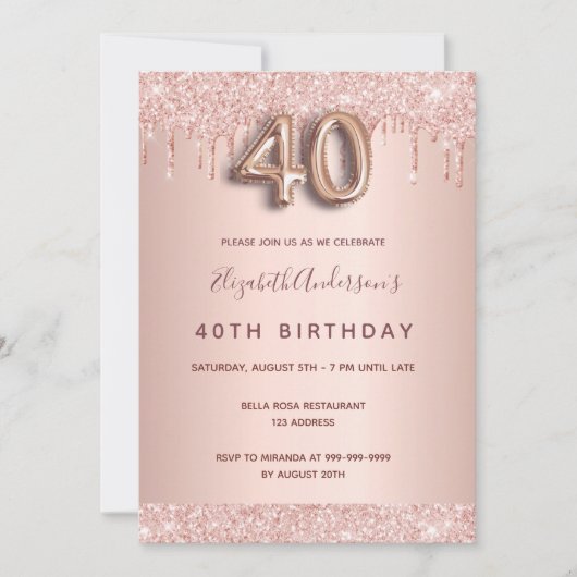 40歳の誕生日バラ金ゴールドグリッターはピンクのガラスを乾燥 招待状 (正面)