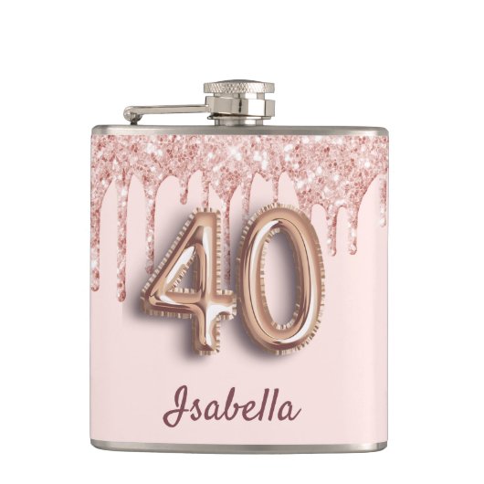 40歳の誕生日バラ金ゴールドグリッターピンクの友達 フラスク (正面)