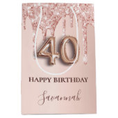 40歳の誕生日バラ金ゴールドグリッターピンクバルーンスタイル ミディアムペーパーバッグ (正面)