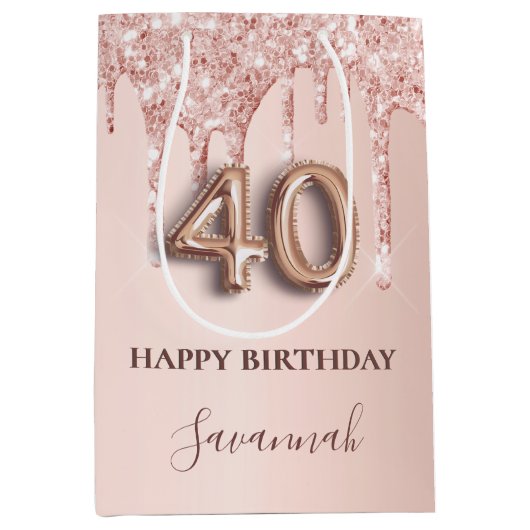 40歳の誕生日バラ金ゴールドグリッターピンクバルーンスタイル ミディアムペーパーバッグ (正面)