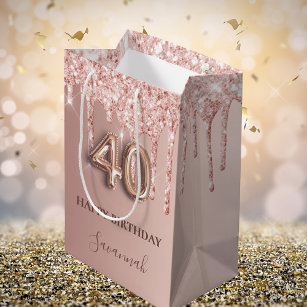 40歳の誕生日バラ金ゴールドグリッターピンクバルーンスタイル ミディアムペーパーバッグ