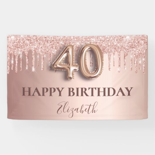40歳の誕生日バラ金ゴールドグリッターピンクバルーンスタイル 横断幕 (横)