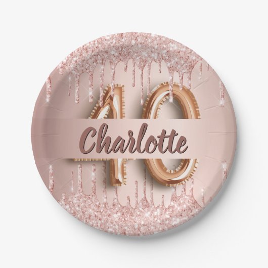 40歳の誕生日バラ金ゴールドグリッターモノグラムラグジュアリー ペーパープレート (正面)