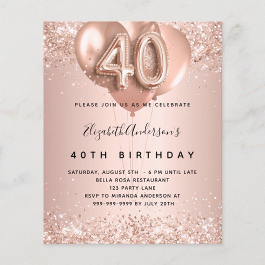 40歳の誕生日バラ金ゴールドバルーンの予算の招待 チラシ (正面)