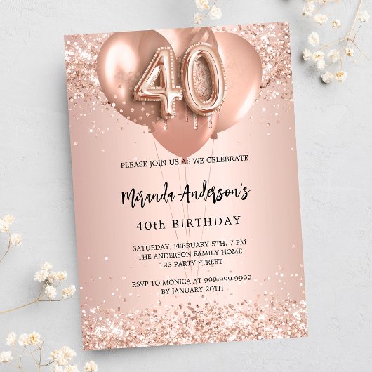 40歳の誕生日バラ金ゴールドバルーン インビテーションポストカード