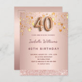 40歳の誕生日バラ金ゴールドピンク星バルーンスクリプト ポストカード (正面/裏面)