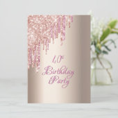 40歳の誕生日バラ金ゴールドフォイルピンクグリッタードリップ 招待状 (スタンド正面)