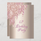 40歳の誕生日バラ金ゴールドフォイルピンクグリッタードリップ 招待状 (正面/裏面)
