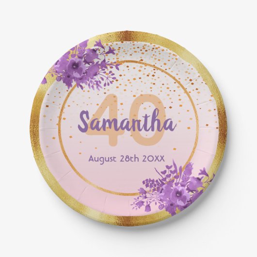 40歳の誕生日バラ金ゴールド紫の花模様名 ペーパープレート (正面)