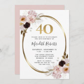 40歳の誕生日バラ金ゴールド金属フローラパーティー 招待状 (正面/裏面)