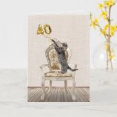 40歳の誕生日バルーンとタビーキャット カード (黄色い花)