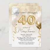 40歳の誕生日バルーンを金ゴールドグリッター大理石 招待状 (正面/裏面)