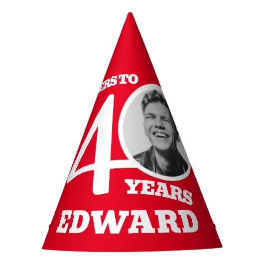 40歳の誕生日パーソナライズされた写真白い赤 パーティーハット (正面)