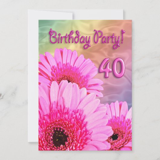 40歳の誕生日パーティの招待状とピンクの花 招待状 (正面)