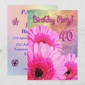 40歳の誕生日パーティの招待状とピンクの花 招待状 (正面/裏面)