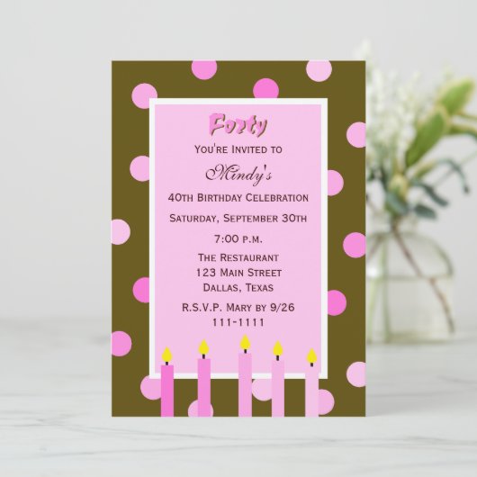 40歳の誕生日パーティの招待状ピンク水玉模様 招待状 (スタンド正面)