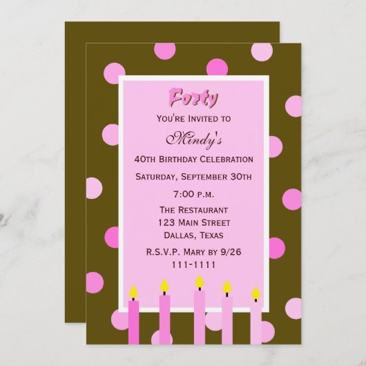 40歳の誕生日パーティの招待状ピンク水玉模様 招待状 (正面/裏面)