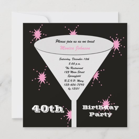 40歳の誕生日パーティの招待状ピンク40位トースト 招待状 (正面)